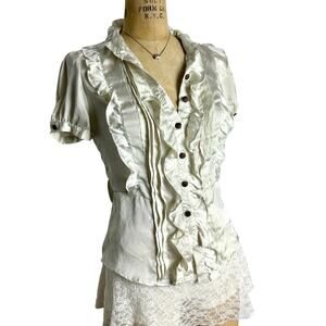 Poetry Ruffle Button Up Blouse Cream Romantic Cottagecore Cotton Top Size M
